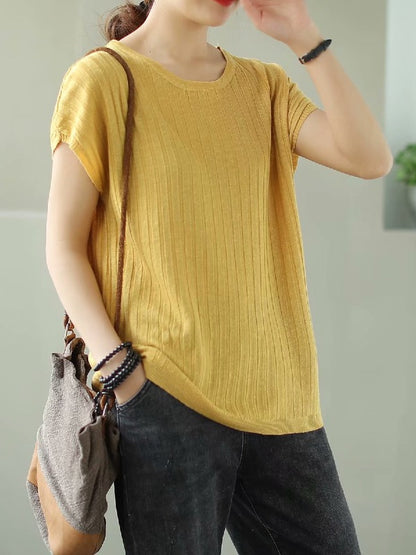 SOLID KNITTING STRIPES ROUND-NECK T-SHIRT