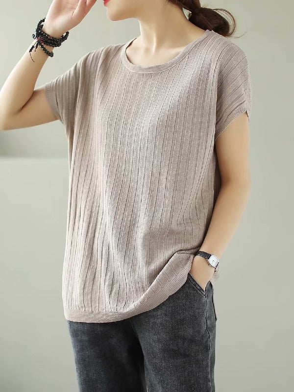 SOLID KNITTING STRIPES ROUND-NECK T-SHIRT