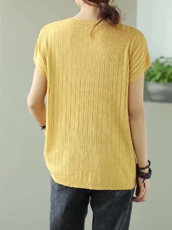 SOLID KNITTING STRIPES ROUND-NECK T-SHIRT
