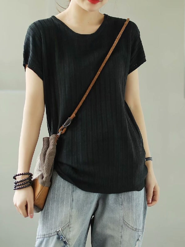 SOLID KNITTING STRIPES ROUND-NECK T-SHIRT