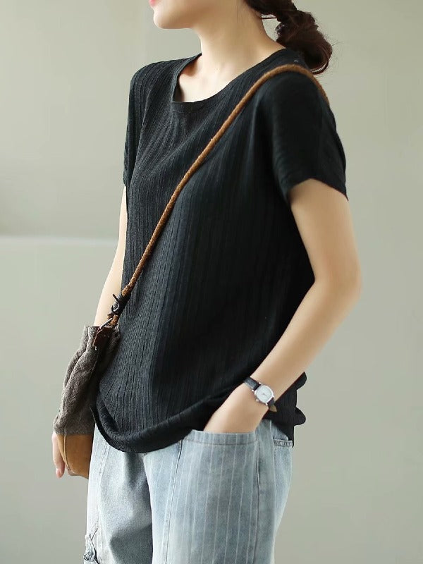 SOLID KNITTING STRIPES ROUND-NECK T-SHIRT