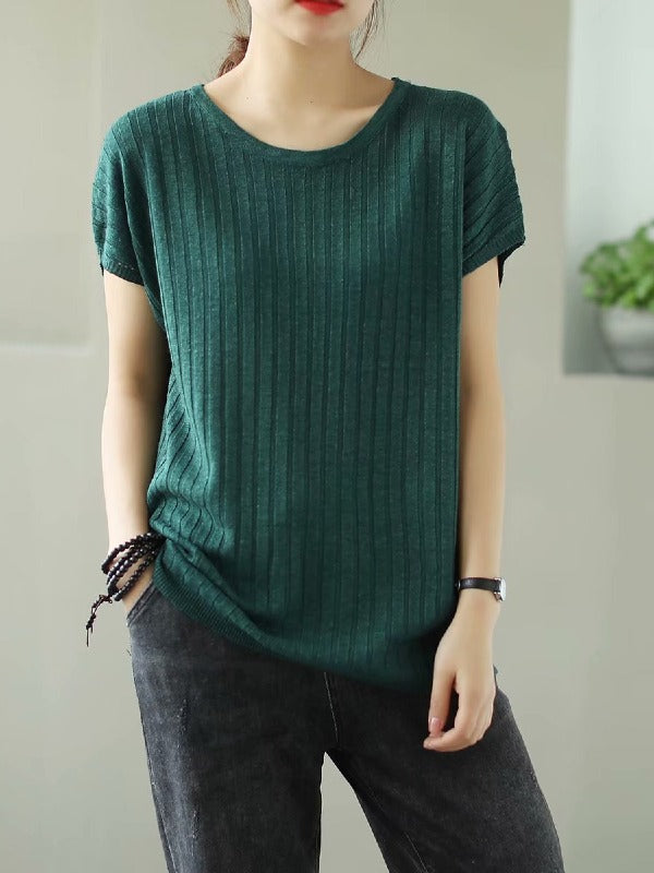 SOLID KNITTING STRIPES ROUND-NECK T-SHIRT