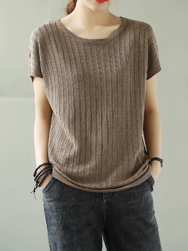 SOLID KNITTING STRIPES ROUND-NECK T-SHIRT
