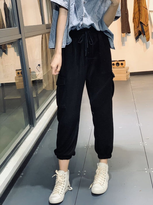 LOOSE BLACK&GRAY TIED CASUAL PANTS