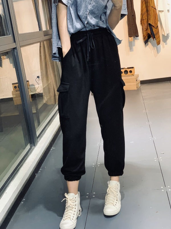 LOOSE BLACK&GRAY TIED CASUAL PANTS