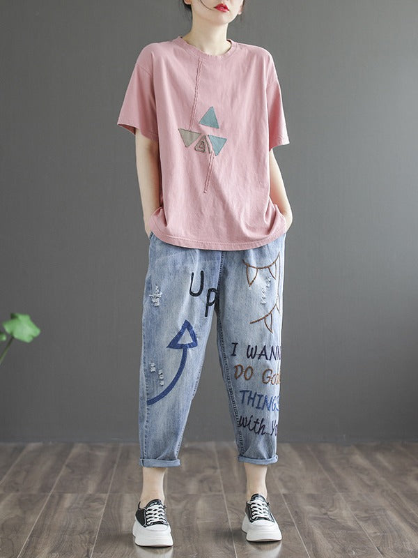 4 COLORS APPLIQUE ROUND-NECK T-SHIRT