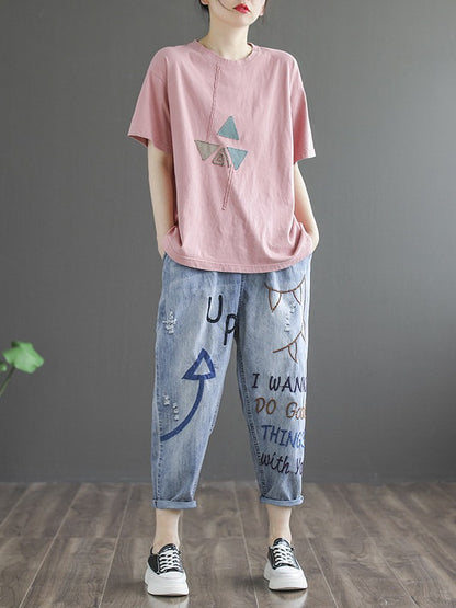 4 COLORS APPLIQUE ROUND-NECK T-SHIRT