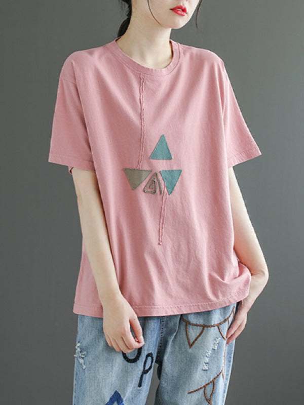 4 COLORS APPLIQUE ROUND-NECK T-SHIRT