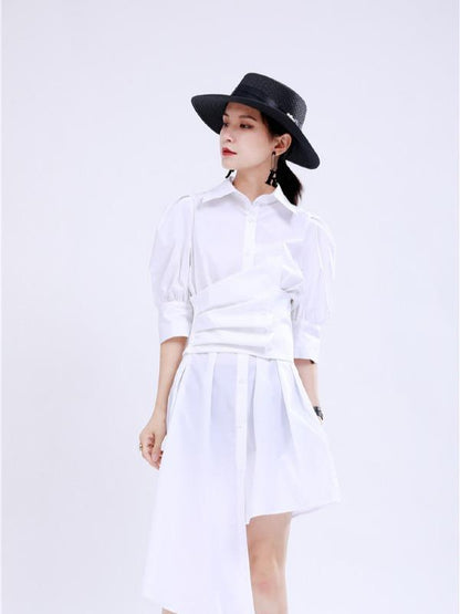 Simple Irregular Solid Pleated Midi Dress