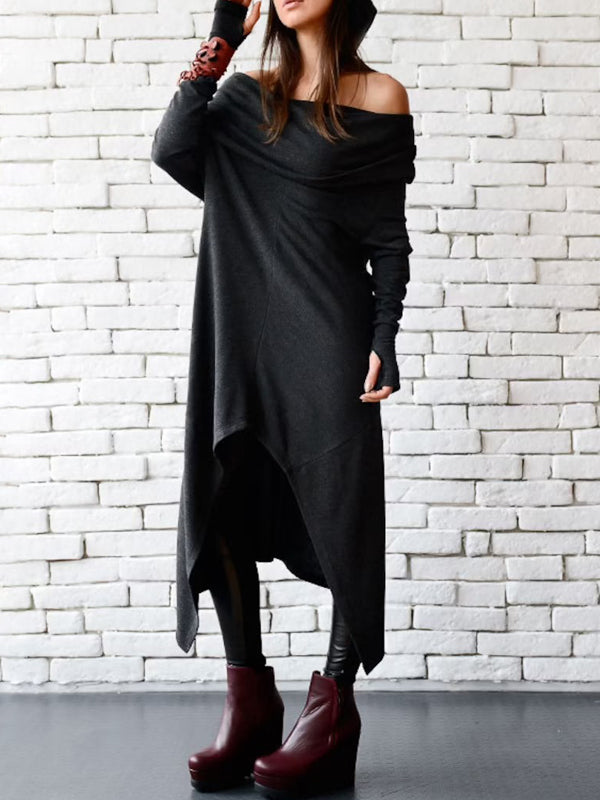 Casual Irregular Clipping Solid Color High-Low Off-The-Shoulder Long Sleeves Midi Dress