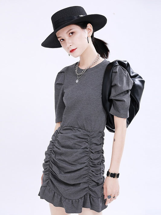 CASUAL RUFFLED PUFF SLEEVE MINI DRESS