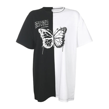 Colorblock butterfly print loose thin short sleeve T-shirt ACTIVEWEAR
