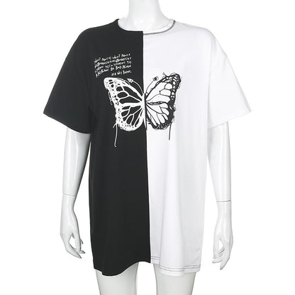 Colorblock butterfly print loose thin short sleeve T-shirt ACTIVEWEAR