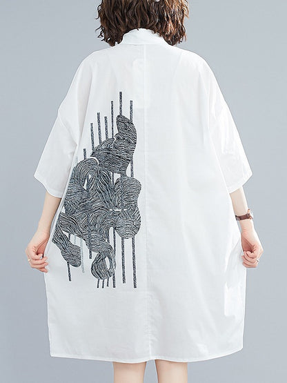 LOOSE WHITE PRINTED LAPEL BLOUSE DRESS