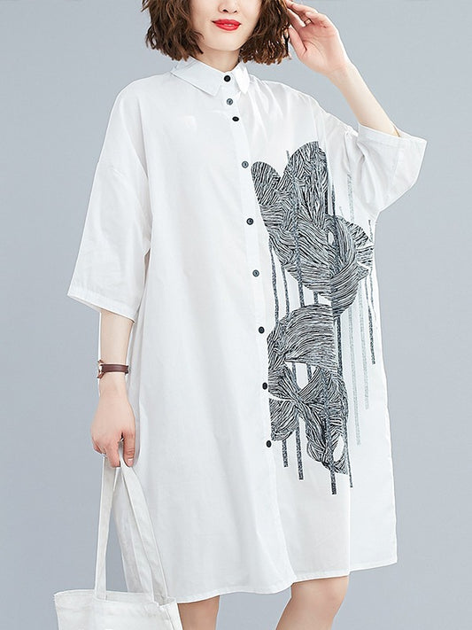 LOOSE WHITE PRINTED LAPEL BLOUSE DRESS