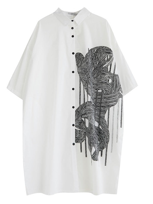 LOOSE WHITE PRINTED LAPEL BLOUSE DRESS