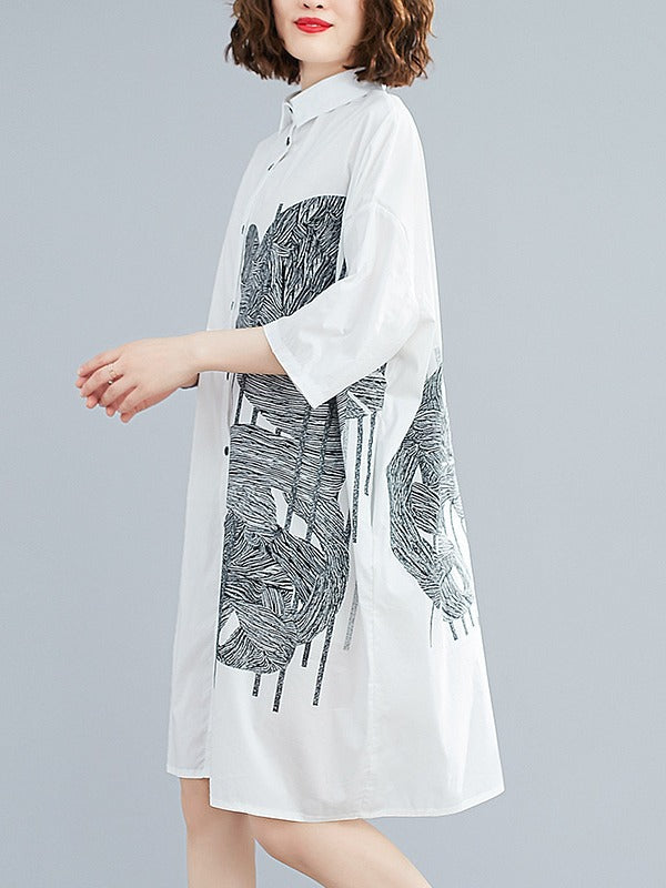 LOOSE WHITE PRINTED LAPEL BLOUSE DRESS
