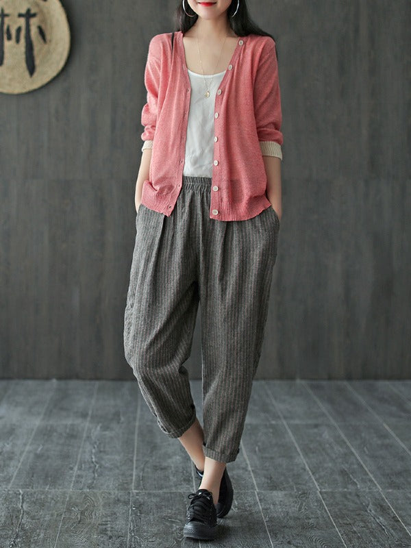 SILK&RAMIE MIXED KNITTING V-NECK 3/4 SLEEVES SUN-PROOF OUTWEAR