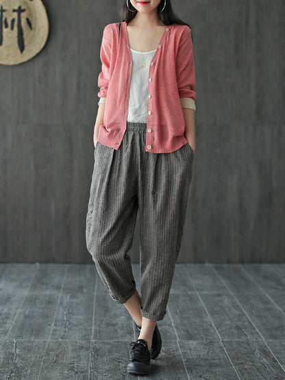 SILK&RAMIE MIXED KNITTING V-NECK 3/4 SLEEVES SUN-PROOF OUTWEAR