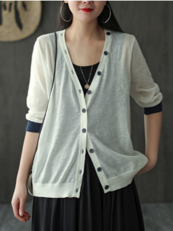 SILK&RAMIE MIXED KNITTING V-NECK 3/4 SLEEVES SUN-PROOF OUTWEAR