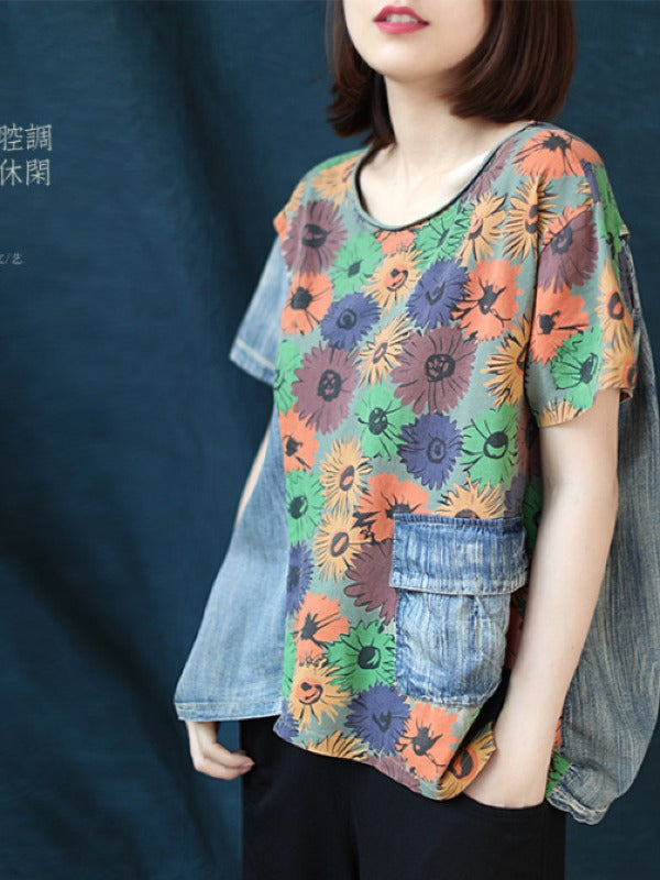 VINTAGE CROPPED FLORAL SPLIT-JOINT DENIM T-SHIRT