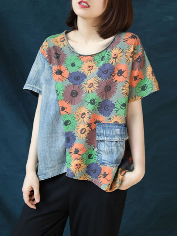 VINTAGE CROPPED FLORAL SPLIT-JOINT DENIM T-SHIRT