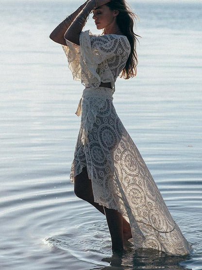 Hollow Flared Sleeve Blouses&Asymmetric Lace Skirt
