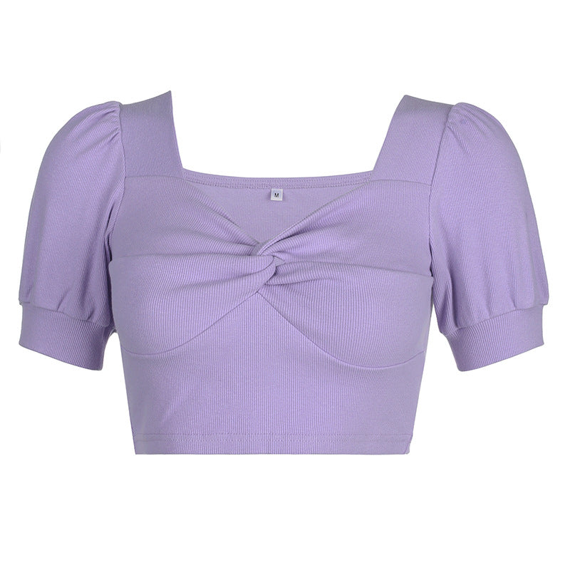 Retro slim puff sleeves T-shirt pleated top ACTIVEWEAR