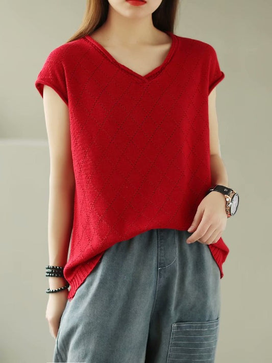 SOLID KNITTING RHOMBUS V-NECK T-SHIRT