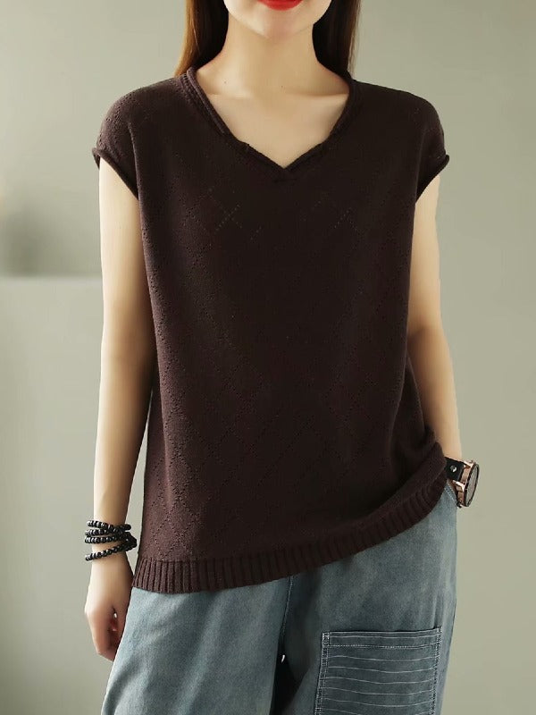 SOLID KNITTING RHOMBUS V-NECK T-SHIRT