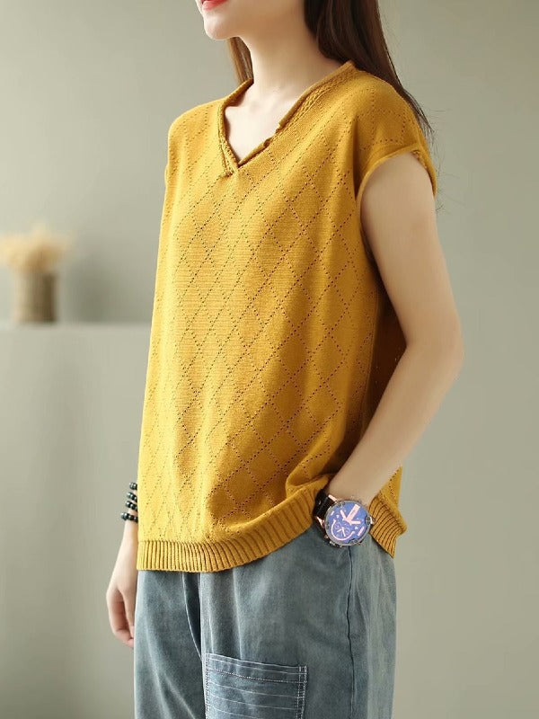 SOLID KNITTING RHOMBUS V-NECK T-SHIRT