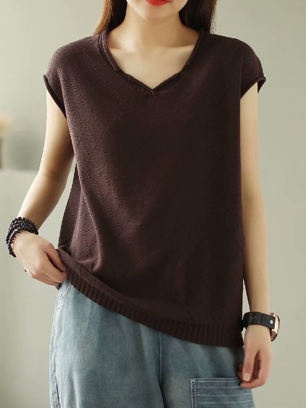 SOLID KNITTING RHOMBUS V-NECK T-SHIRT