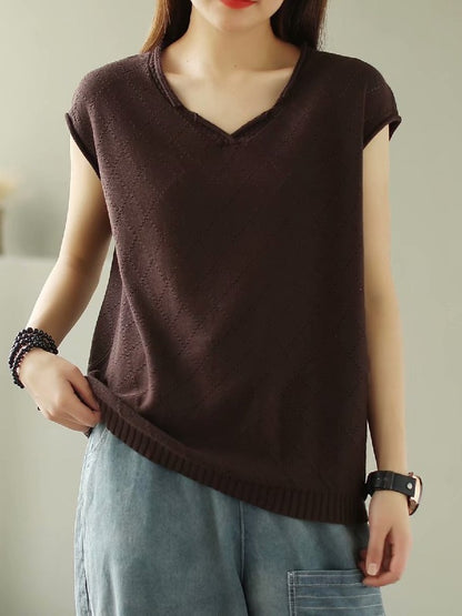 SOLID KNITTING RHOMBUS V-NECK T-SHIRT