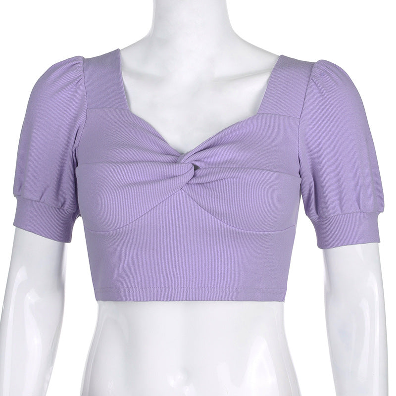 Retro slim puff sleeves T-shirt pleated top ACTIVEWEAR