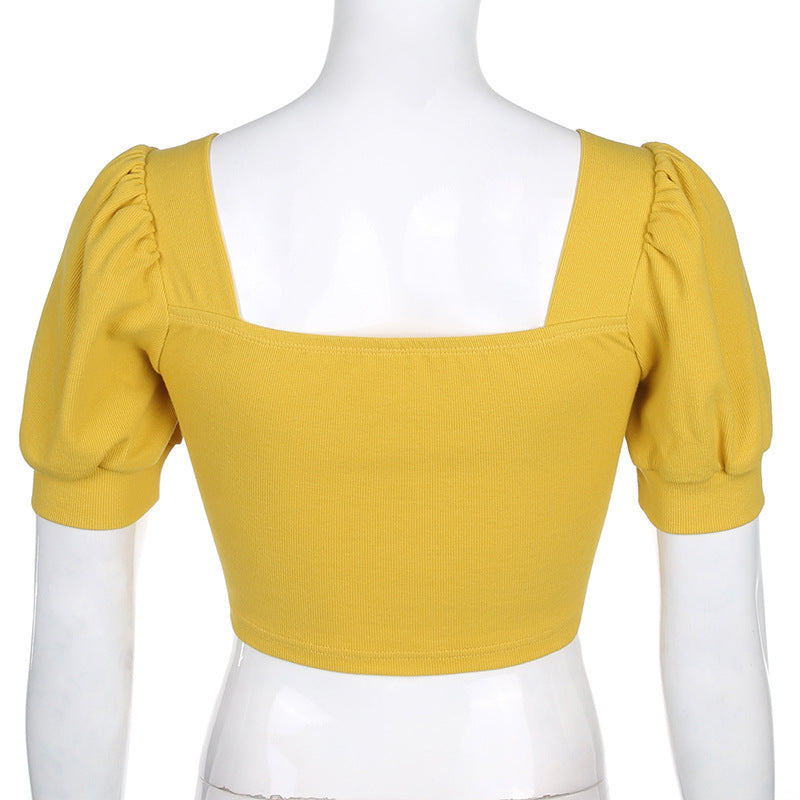 Retro slim puff sleeves T-shirt pleated top ACTIVEWEAR