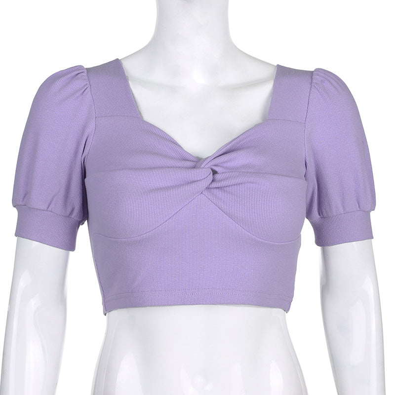 Retro slim puff sleeves T-shirt pleated top ACTIVEWEAR