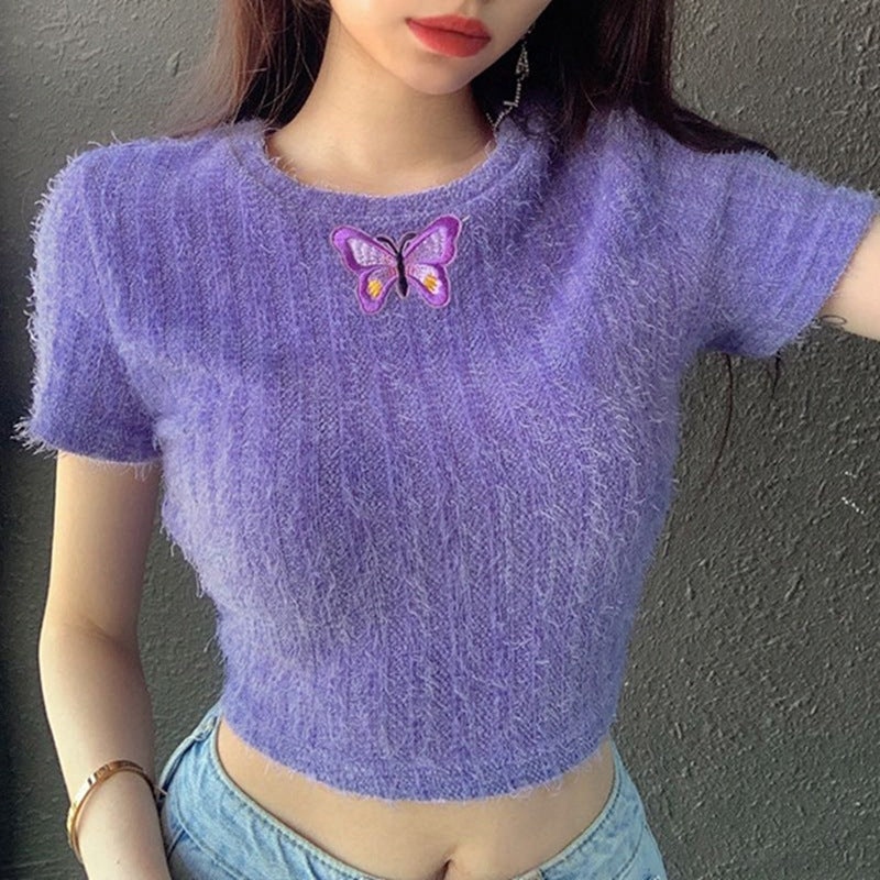 Sexy tight-fitting waist embroidered short embroidered T-shirt ACTIVEWEAR