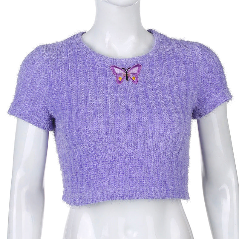 Sexy tight-fitting waist embroidered short embroidered T-shirt ACTIVEWEAR