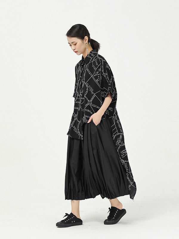 GEOMETRIC PRINT CROPPED SPLICING CHIFFON SHIRT