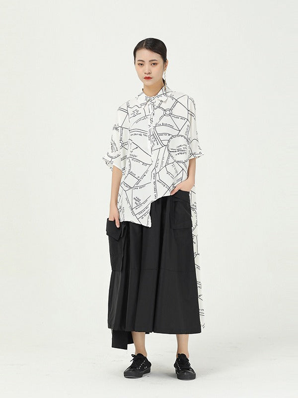 GEOMETRIC PRINT CROPPED SPLICING CHIFFON SHIRT