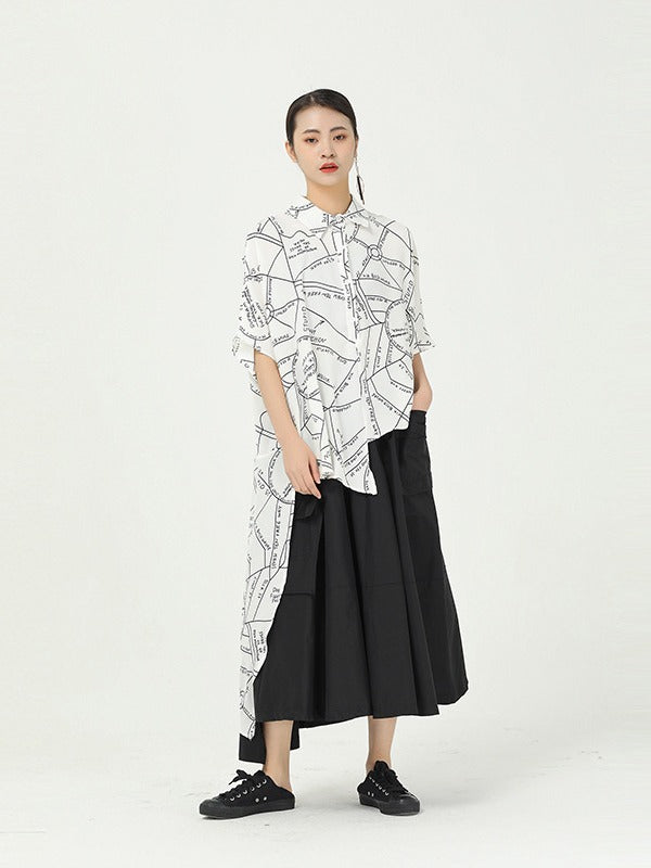 GEOMETRIC PRINT CROPPED SPLICING CHIFFON SHIRT