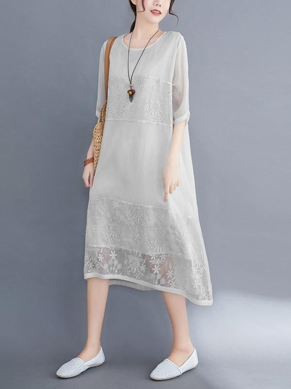 Loose Hollow Out Embroidered Midi Dress