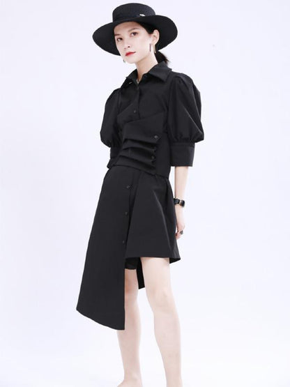 Simple Irregular Solid Pleated Midi Dress