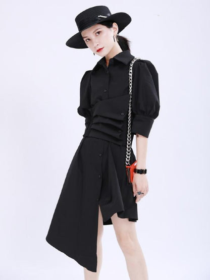 Simple Irregular Solid Pleated Midi Dress