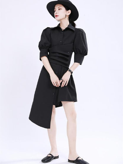 Simple Irregular Solid Pleated Midi Dress