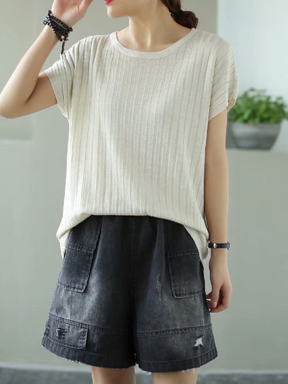 SOLID KNITTING STRIPES ROUND-NECK T-SHIRT