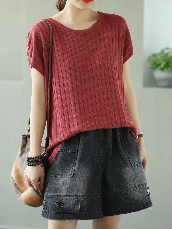 SOLID KNITTING STRIPES ROUND-NECK T-SHIRT