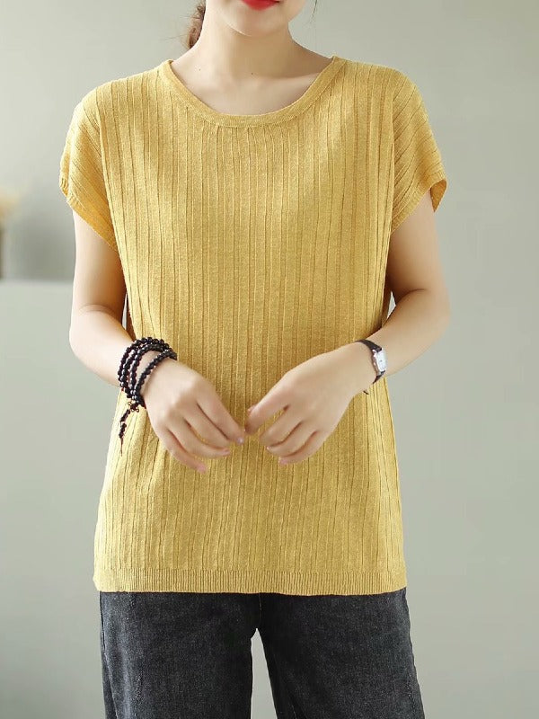 SOLID KNITTING STRIPES ROUND-NECK T-SHIRT