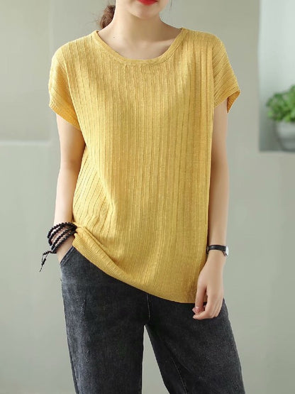 SOLID KNITTING STRIPES ROUND-NECK T-SHIRT