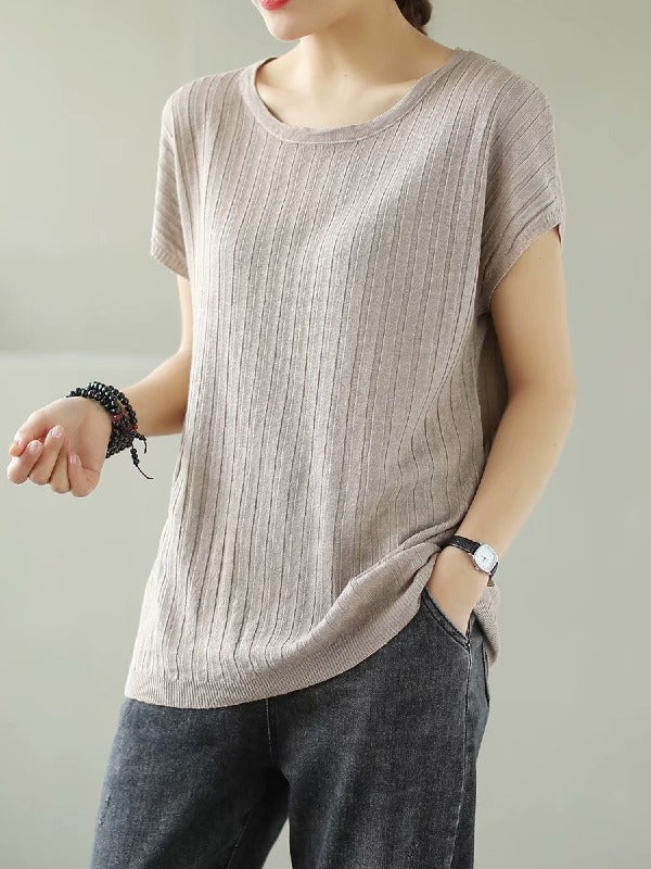 SOLID KNITTING STRIPES ROUND-NECK T-SHIRT